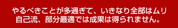 やるべきことが多過ぎていきなり全部はムリ、自己流、部分最適では成果は得られません。